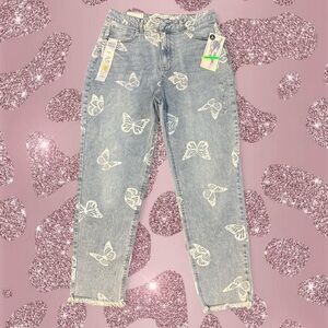Light blue high waisted straight leg jeans with white butterfly design